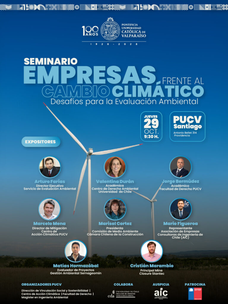Afiche del evento Seminario PUCV: “Empresas frente al Cambio Climático: Desafíos para la Evaluación Ambiental”